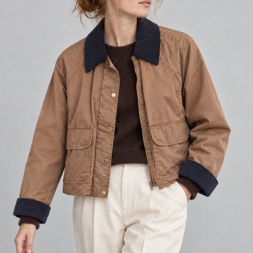 Zara Waxed Contrast Collar Jacket S Brown Moto Zip Front Pockets Biker Casual
